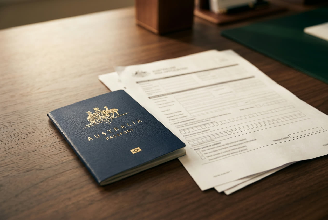 Australian passport and visa documents on a desk