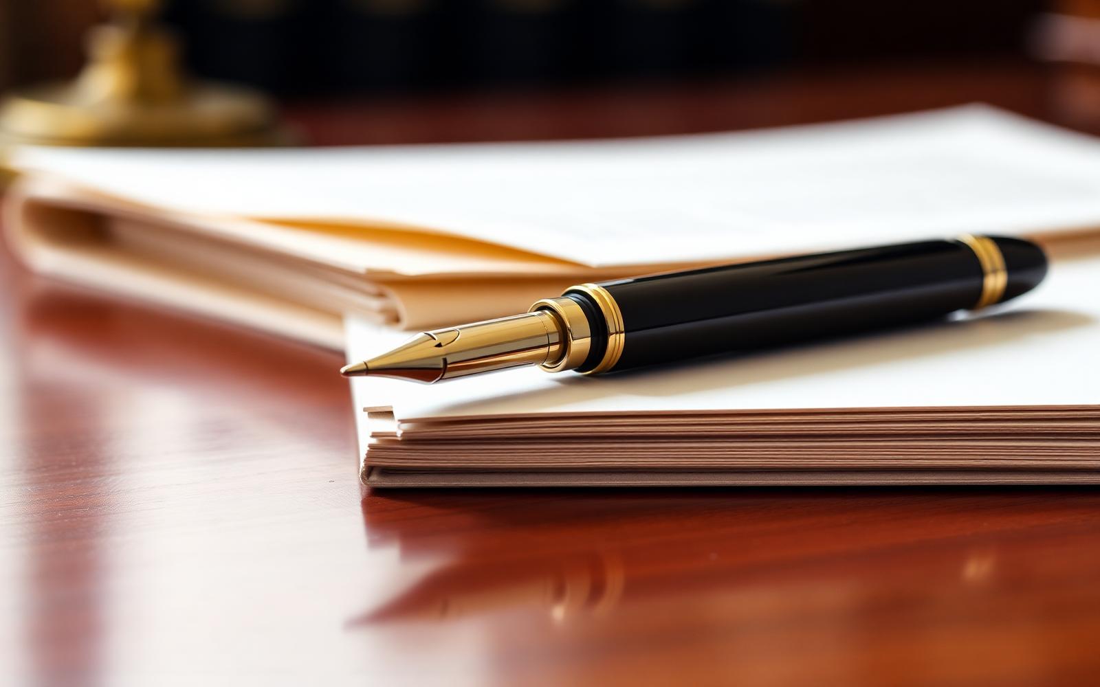 Fountain pen resting on legal documents