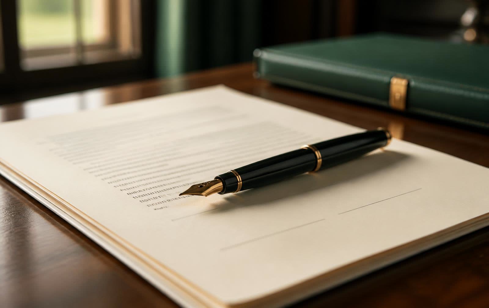 Fountain pen resting across estate planning documents beside a leather document folder